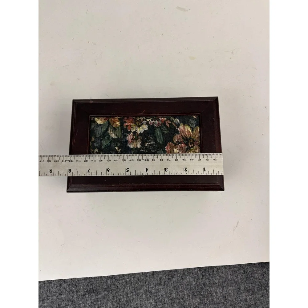 Vintage Wooden Jewelry Box Floral Tapestry Top Mirror‎ Vanity Keepsake Box